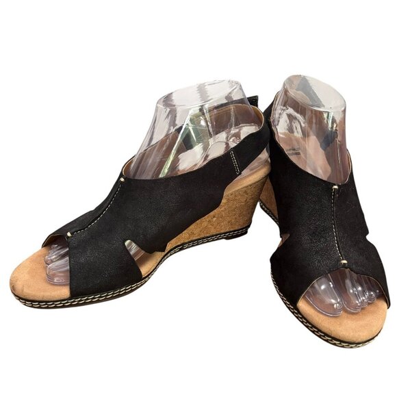 Clarks Shoes - CLARKS Collection Helio Float Black Nubuck Wedge Heels Size 8 Adjustable Strap